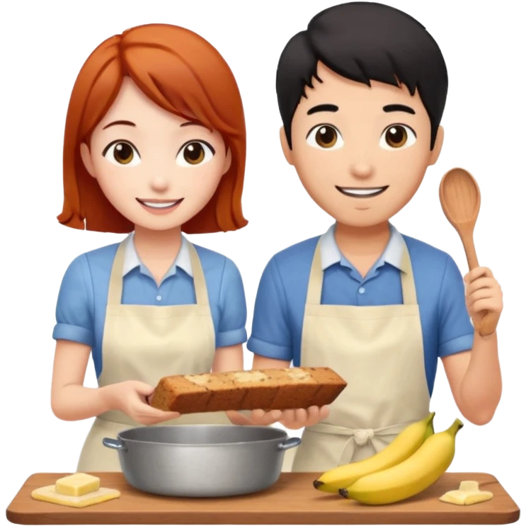 black haired asian guy bakes banana bread with redhead girlfriend emoji