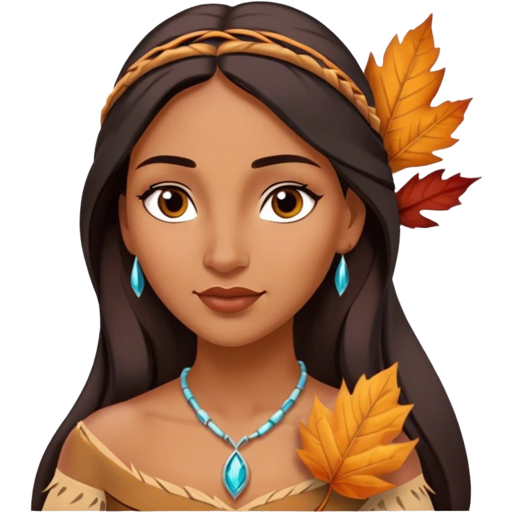Cinematic Playful Pocahontas Portrait Emoji, Tilting her head with a knowing smirk, holding a delicate autumn leaf, eyes glimmering with adventure, an enchanting blend of confidence and charm, absolutely captivating! emoji