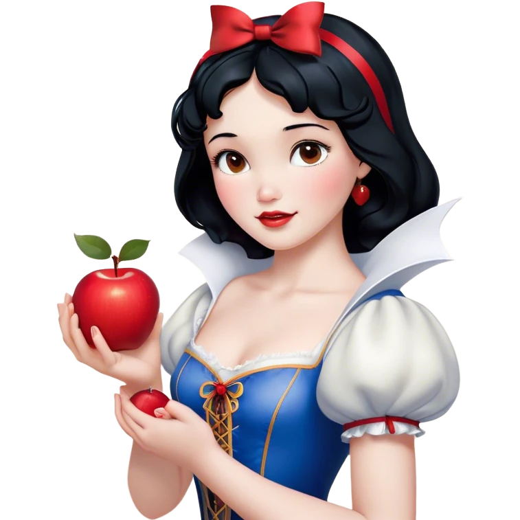 Cinematic Realistic Snow White Portrait, depicted with lifelike skin texture, soft natural lighting, and intricately detailed black hair styled with a red ribbon. Her soft brown eyes radiate innocence and kindness, complemented by a warm, gentle smile. She holds an apple in one hand, her other hand resting against her cheek, embodying her purity and charm. She is dressed in her classic yellow, blue, and red gown, the fabric rich in texture with delicate folds that catch the light beautifully. The portrait features a soft, natural glow with a radiant finish, capturing the essence of timeless beauty in a realistic and painterly style. emoji