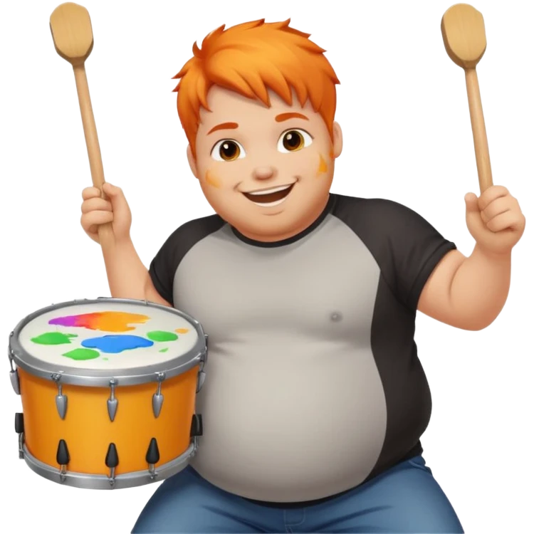 A chubby orange hair fan pounding a bass drum, cheeks puffing with energy with paints on his cheeks emoji