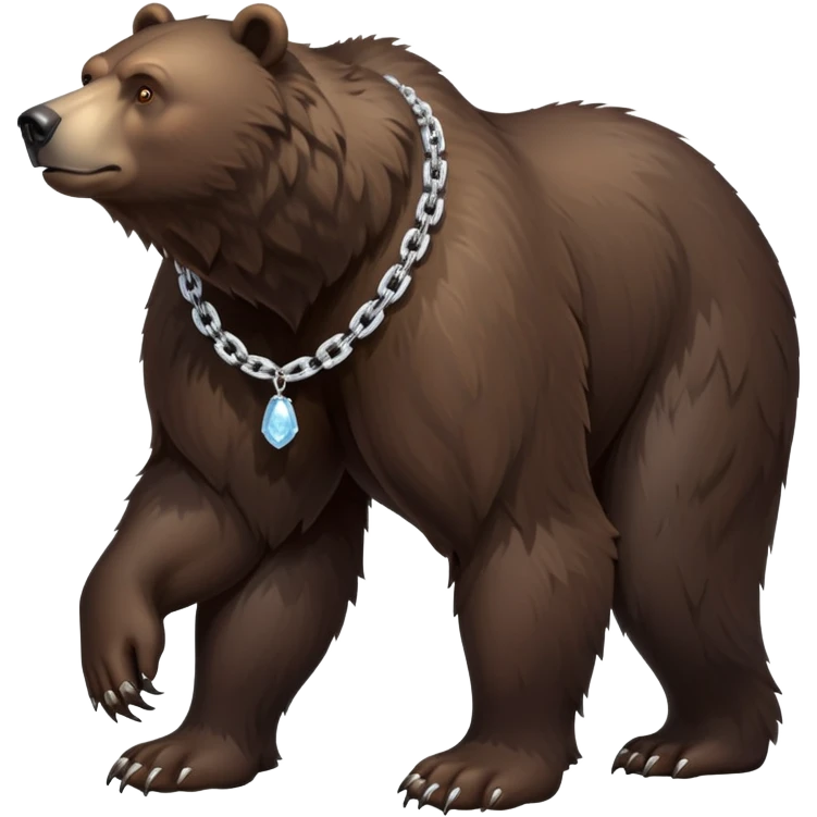 Full-body dark brown bear on all four legs looking slightly forward, complete view from head to tail, very realistic fur, ice chain necklace emoji