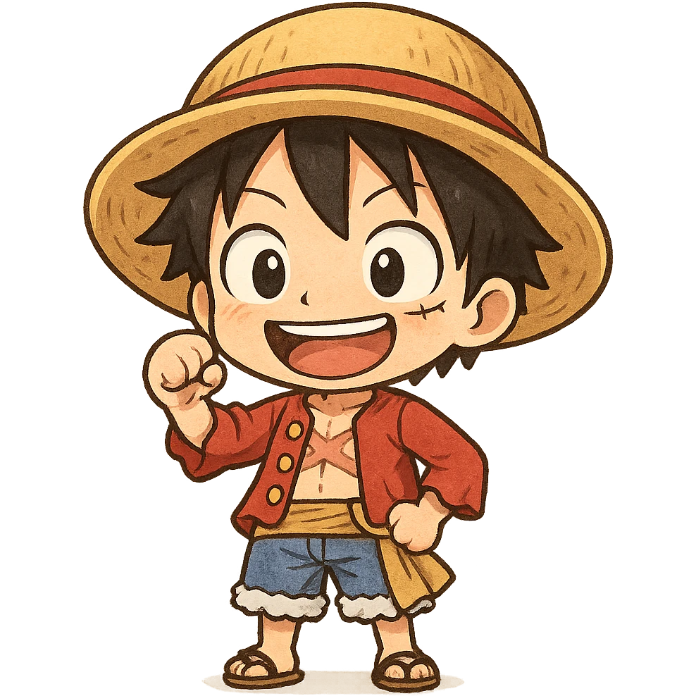 chibi version of Luffy from One Piece, wearing his signature straw hat, smiling, in a cute pose, chibi style, cute character emoji