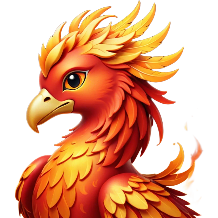 Cinematic Cute fierce & powerful Fire Phoenix Portrait Emoji, Head tilted playfully and inquisitively, showcasing a vibrant, flame-kissed form with intricately detailed feathers in warm shades of red, orange, and shimmering gold, accented by delicate sparks and a gentle, inviting glow; rendered with lifelike detail and soft, radiant light, high shine, enchanting and spirited, styled with a touch of mythic whimsy, soft glowing outline, capturing the essence of a mischievous yet endearing phoenix poised to flutter playfully into your heart! emoji