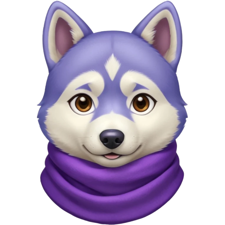 a husky with a purple scarf , a blue shirt, emoji