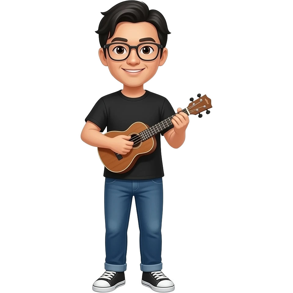 Asian man with glasses wearing black tshirt playing ukulele emoji