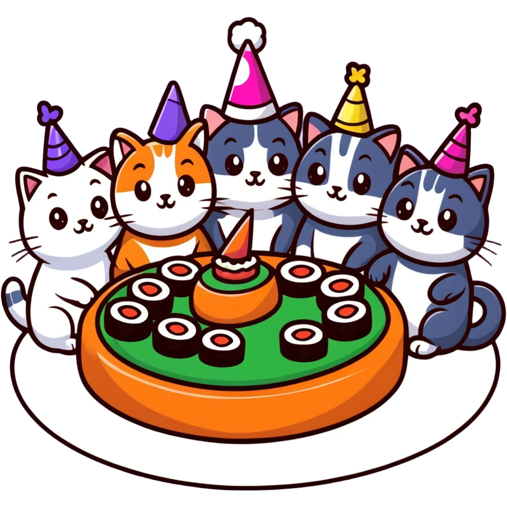 six different cats arranged in a circle, celebrating with party hats, each cat holding a piece of sushi, birthday cake in the center emoji