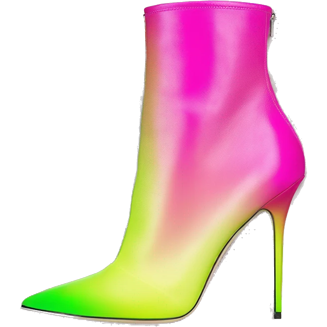 Realistic isolated top view of a pair of hot pink,and lime green ombre Jimmy  Choo stiletto ankle bootie boots.  emoji