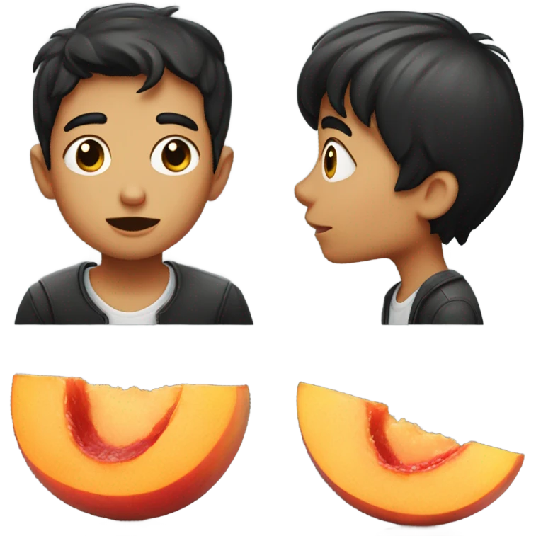 black haired boy kissing a giant peach emoji