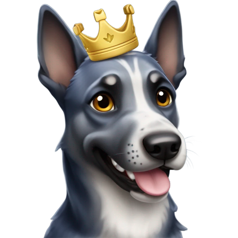 A smiling malinois dark blue merle without red color with a crown on his head emoji