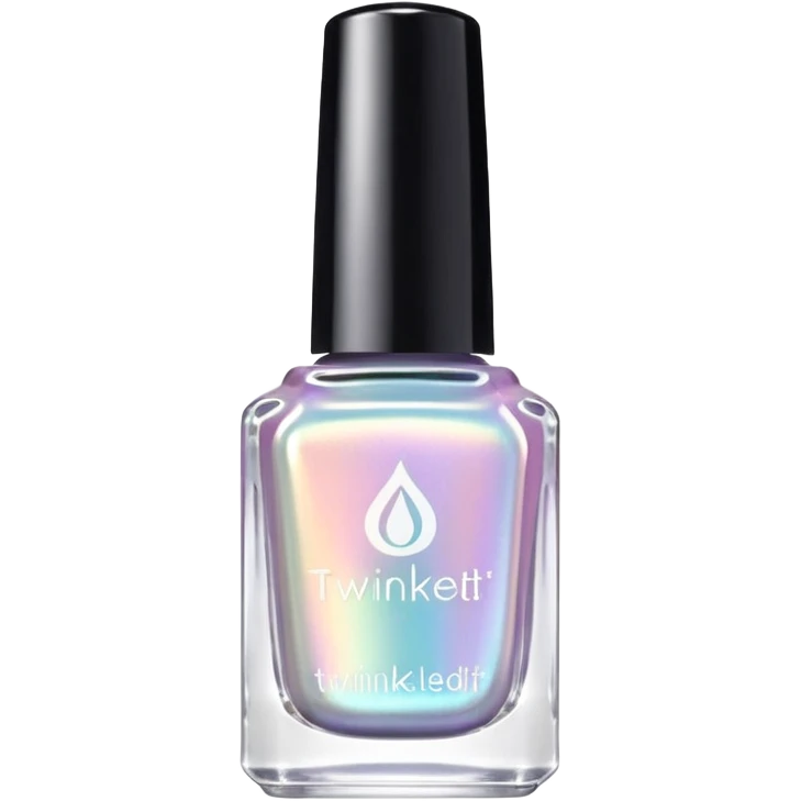 "TwinkledT" on label of holographic iridescent pastel nail polish bottle, white lid emoji