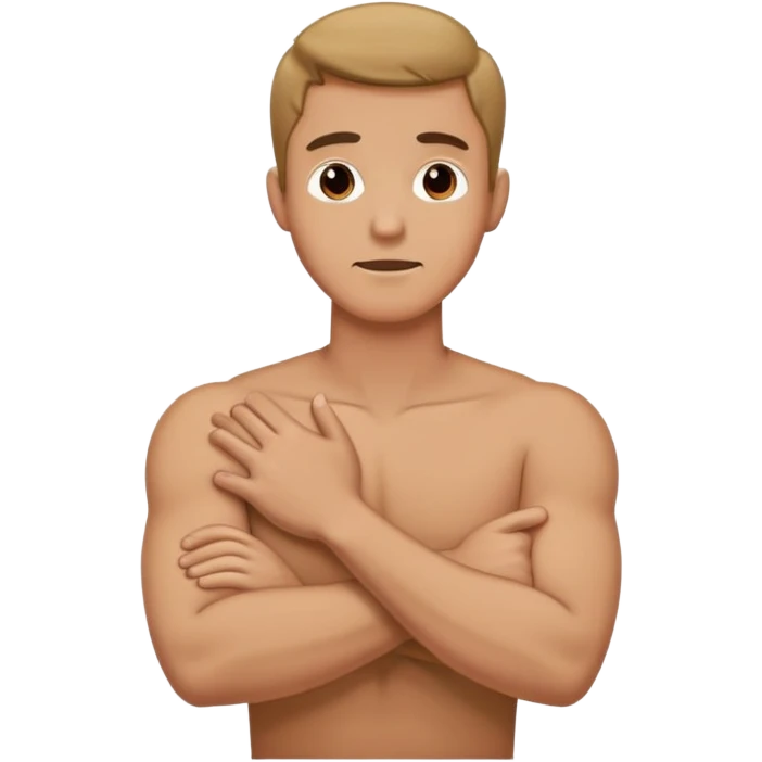A guy with his arms crossed on his chest and grabbing his neck with both hands around it emoji