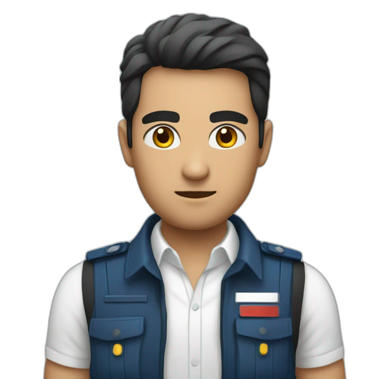 A PERUVIAN SECURITY AGENT, IN A BLUE VEST AND WHITE SHIRT. SAY OK WITH YOUR HAND. SERIOUSNESS. emoji