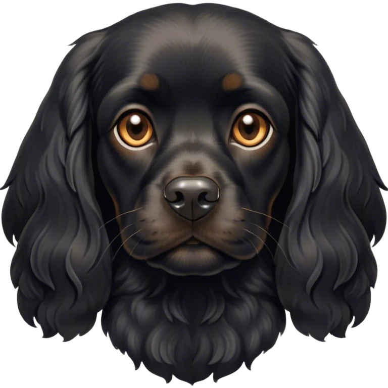 Cinematic Noble Black Cocker Spaniel Portrait Emoji, Poised and regal, with a sturdy build and a sleek, shiny black coat accented by subtle tan markings, deep-set soulful dark eyes, Simplified yet sharp and sophisticated features, highly detailed, glowing with a soft, dignified glow, high shine, intelligent and alert, stylized with an air of refinement, focused and attentive, soft glowing outline, capturing the essence of a watchful and confident companion, so majestic it feels as though it could trot out of the screen with effortless authority! emoji