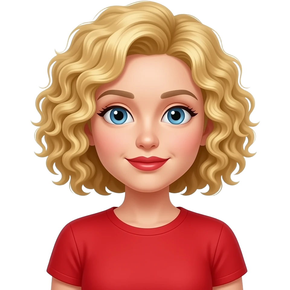 short blonde tight curly hair with a yellow emoji in a red short sleeve shirt and red lipstick emoji
