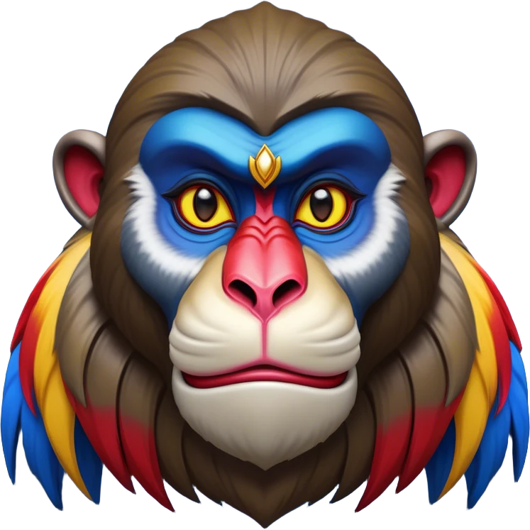 Cinematic Noble Mandrill Portrait Emoji, Poised and regal, with a striking, powerful build and a vivid, multicolored face accented by bold blue, red, and yellow hues, deep-set soulful eyes, Simplified yet sharp and sophisticated features, highly detailed, glowing with a vibrant, dignified glow, high shine, intelligent and commanding, stylized with an air of exotic majesty, focused and attentive, soft glowing outline, capturing the essence of a watchful and confident primate, so majestic it feels as though it could step out of the screen with effortless authority! emoji