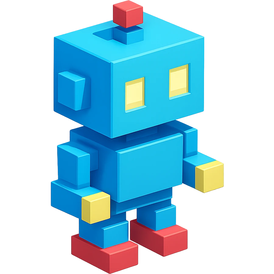 voxel-style blue robot with square head and glowing eyes, isometric view emoji