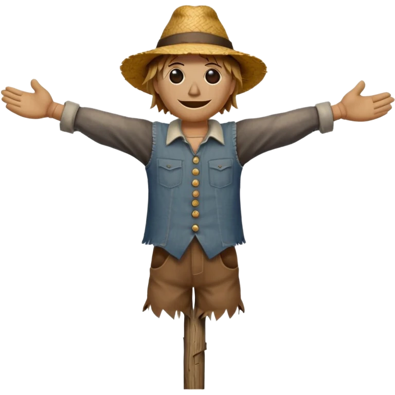 Scarecrow, Straw body, old brown hat, patched shirt, arms stretched on a wooden pole. emoji