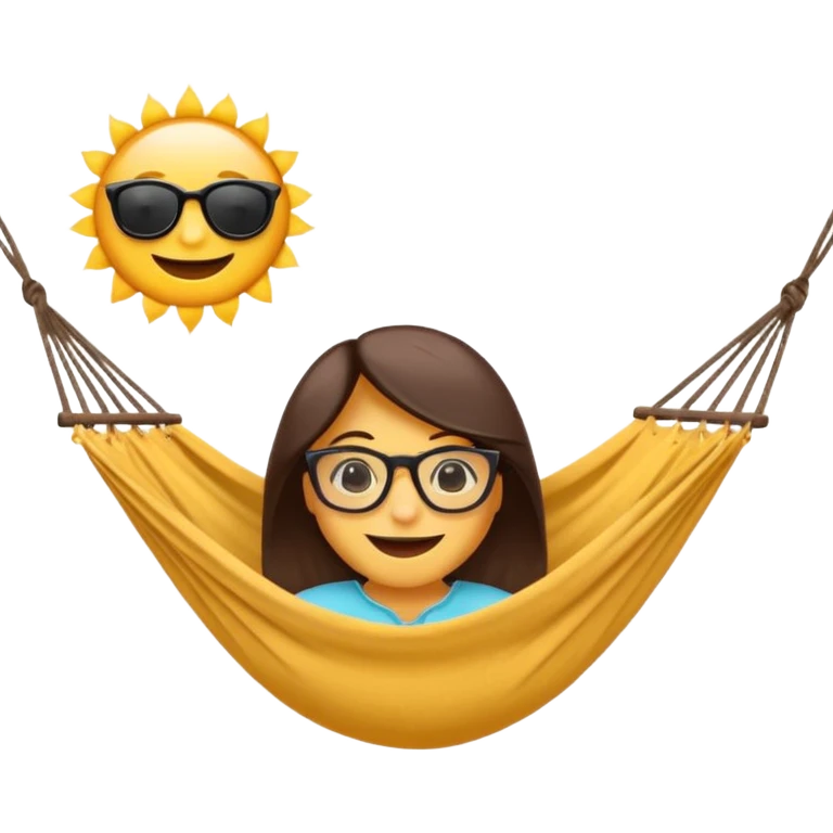 Créer un emoji stylisé et coloré représentant le week-end, joyeux et relaxant. L’emoji doit être rond, lumineux, avec un visage souriant ou des lunettes de soleil teint noir. Ajouter des éléments évoquant le repos ou le plaisir : café, hamac, soleil, musique, détente.  emoji