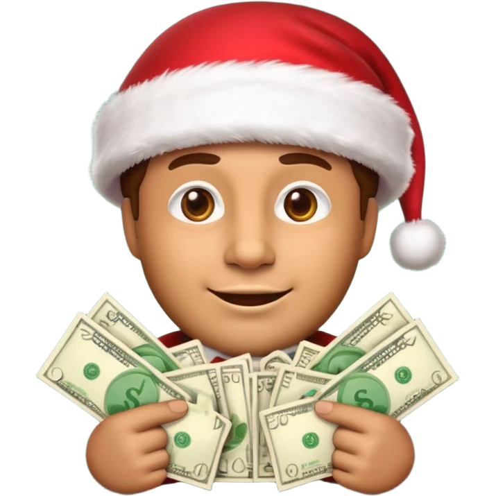 A confident rich emoji face wearing a Santa hat, money stacks, casino vibe, New Year theme, premium 3D emoji style, sharp details, no text, isolated on transparent background emoji