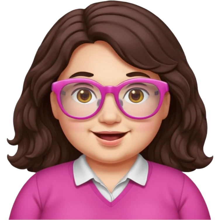 chubby English teacher, happy, wearing pink glasses, wavy long dark brown hair, face only, gamer vibe, classroom background, emoji style, for online classes emoji