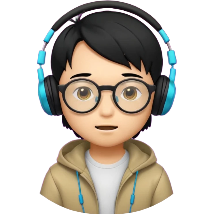 Chibi Japanese boy with black hair and round glasses, big headphones, vibing hard to electronic music, strong beat pulse lines around him, neon glow, exaggerated cartoon style, streaming emote. emoji