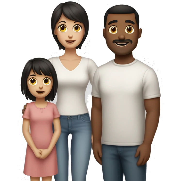 White mom black hair Hispanic dad short dark brown hair little girl brown hair with bangs little boy short brown hair emoji