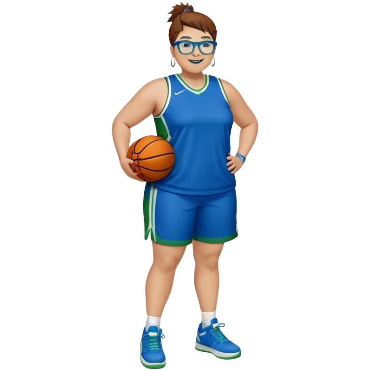 Full Body plus size white female basketball player with short medium brown hair with carmel highlights spikey hair wearing blue glasses 
 wide nose wearing blue green uniform  green sneakers smiling wearing silver hoop earrings emoji