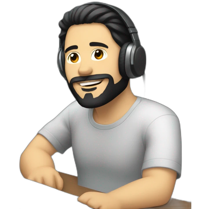 white man with black hair and beard and headphones sitting relaxed with a desk in front of him emoji