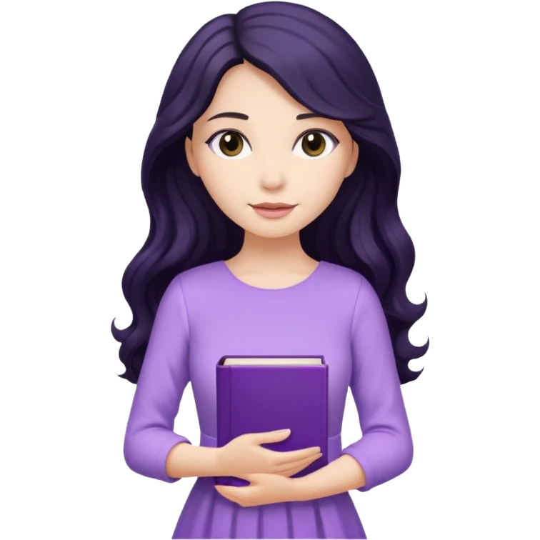 Long Hair Women with purple Book, Black wavy hair, light dress emoji