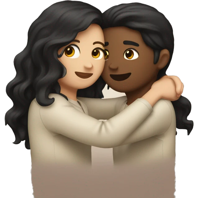 Two white best friends hugging one with wavy black hair and the other with straight brown hair emoji