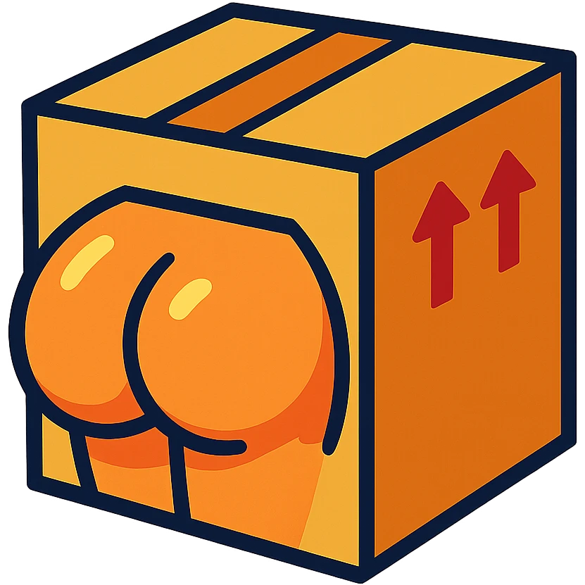 a cardboard box with a round butt poking out, lighthearted style, vibrant toon style emoji