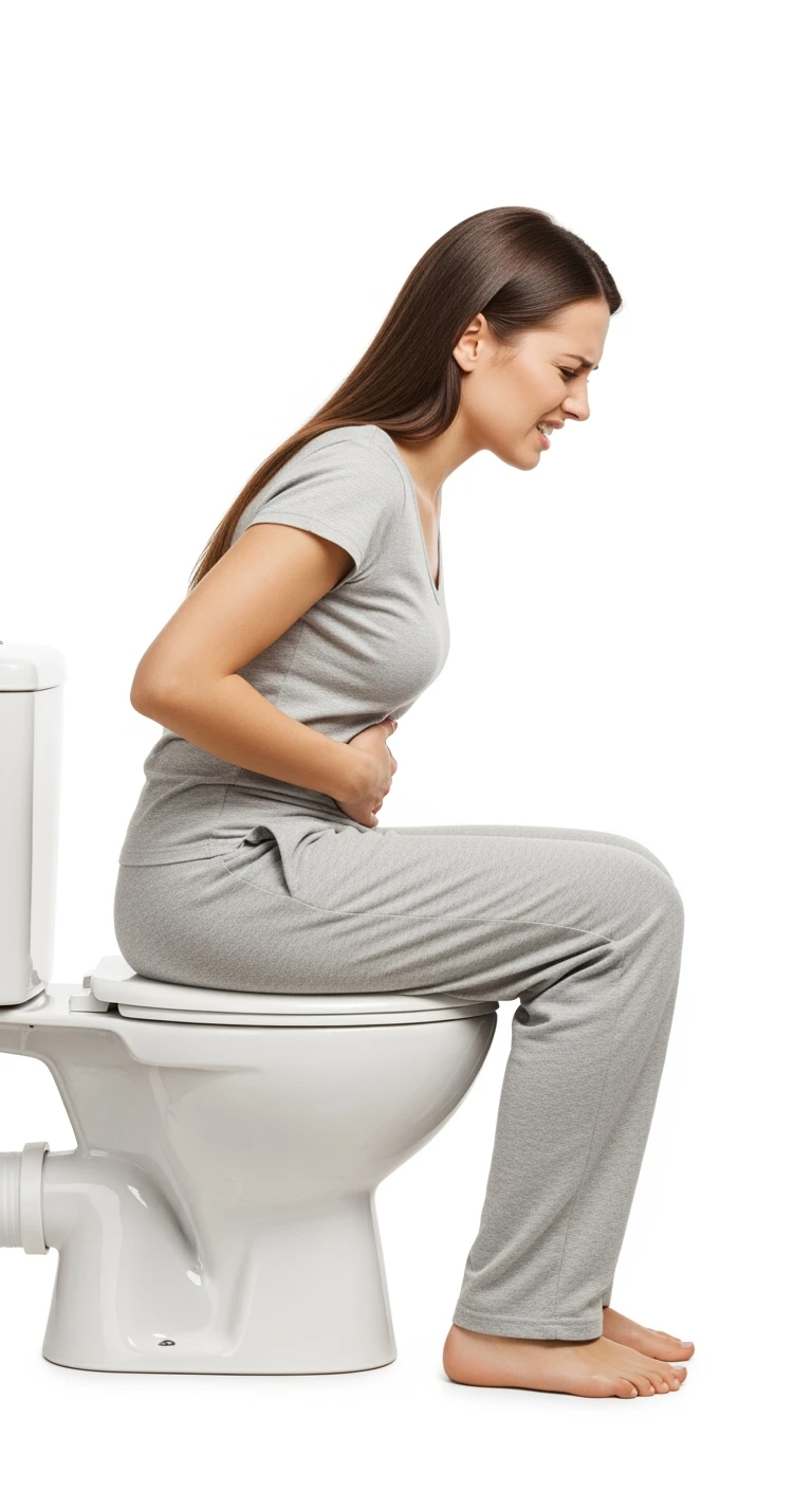 DONNA SEDUTA SUL WC DI PROFILO A FIGURA INTERA CON ESPRESSIONE DI DOLORE IN VOLTO PERCHé SOFFRE DI CISTITE, SFONDO BIANCO emoji