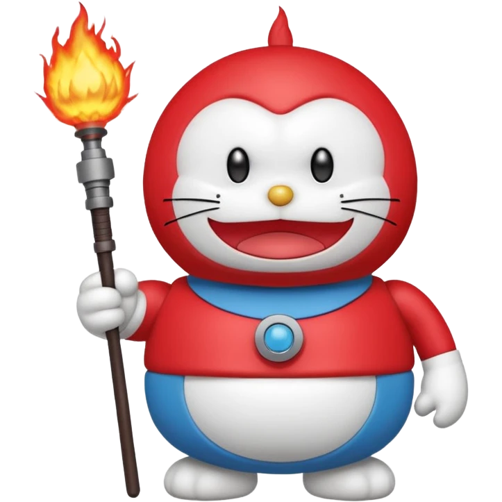 Red angry doraemon plush holding a nuke button emoji