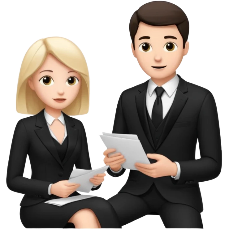 white man in formal suit talking to white woman in formal suit, they sit, papers in hands emoji