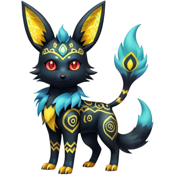 Shiny Exotic Badass Colorful Ethereal Royal Mysterious Gothic Umbreon-Jolteon-Litten-Pokémon-Fakémon-hybrid-creature (full body) with pattern-markings emoji