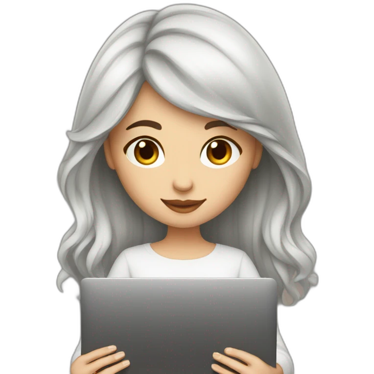 Beautiful programmer girl with brown hair working with MacBook emoji