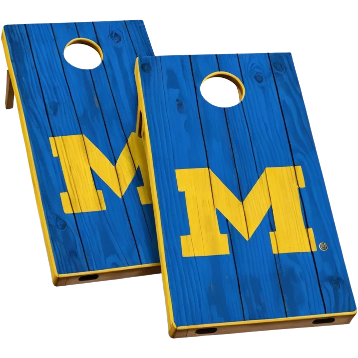 Cornhole board blue and yellow with Michigan “M” emoji