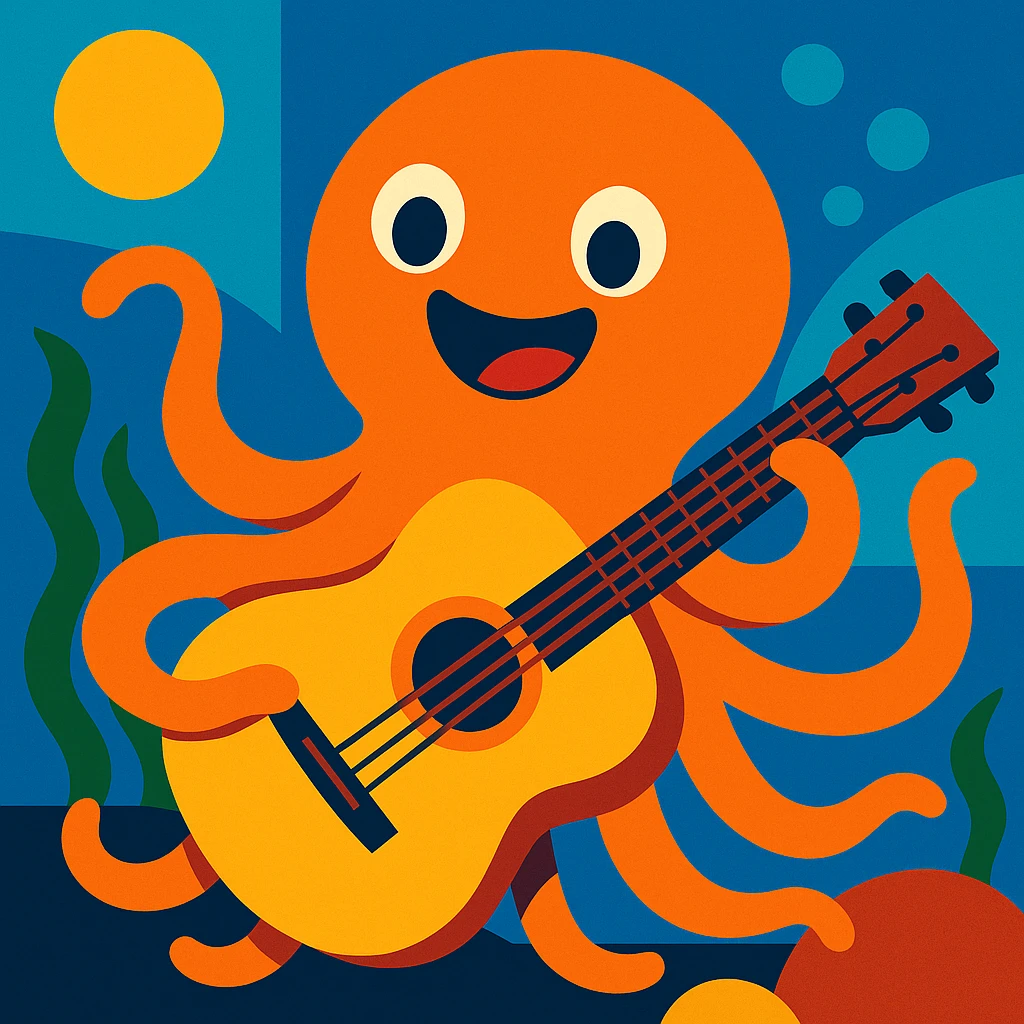 happy octopus with multiple arms playing guitar emoji