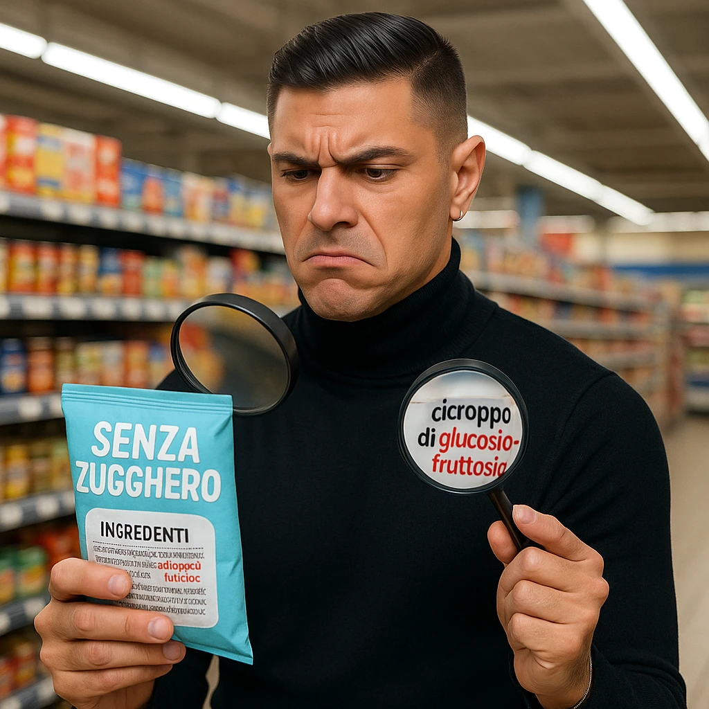 Hyper-realistic supermarket: man like the reference, holding 'SENZA ZUCCHERO' product, ingredient list reveals 'sciroppo di glucosio-fruttosio' in bold red, confused, floating magnifying glass, harsh fluorescent light. Variant 4. emoji