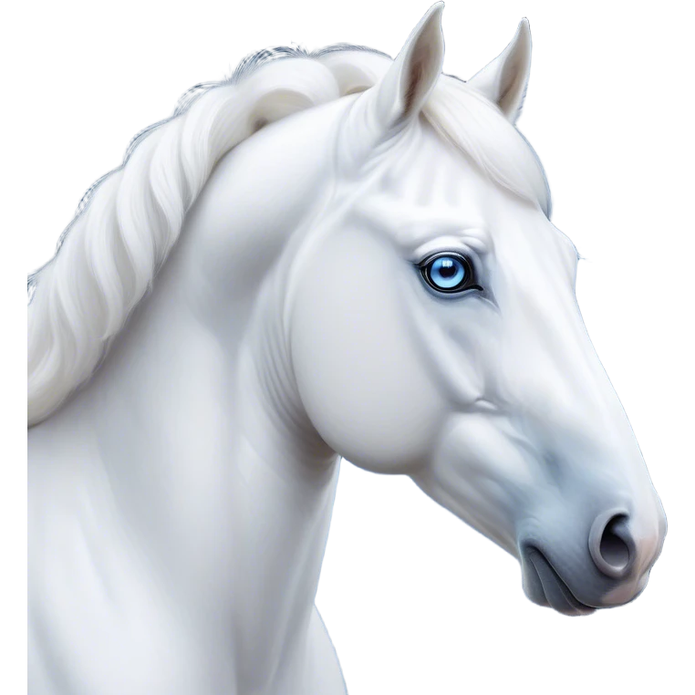 Cinematic Noble White Horse Portrait Emoji, Poised and regal, with a strong, athletic build and a pristine, well-groomed pure white fur, deep-set soulful blue eyes, Simplified yet sharp and sophisticated features, highly detailed, glowing with a soft, dignified glow, high shine, intelligent and majestic, stylized with an air of ethereal grace, focused and attentive, soft glowing outline, capturing the essence of a watchful and confident steed, so majestic it feels as though it could gallop out of the screen with effortless authority! emoji