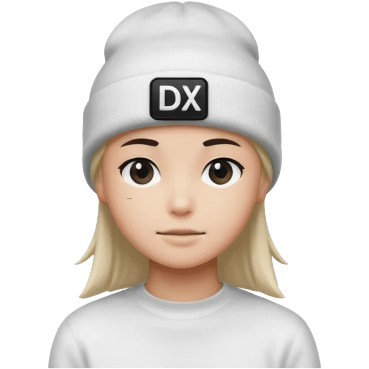 wearing a white beanie with an black square logo with the word "DX" written on it.

 emoji