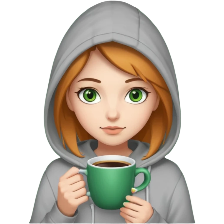Girl with a hoodie, holding her cup of coffee and booj green eyes emoji