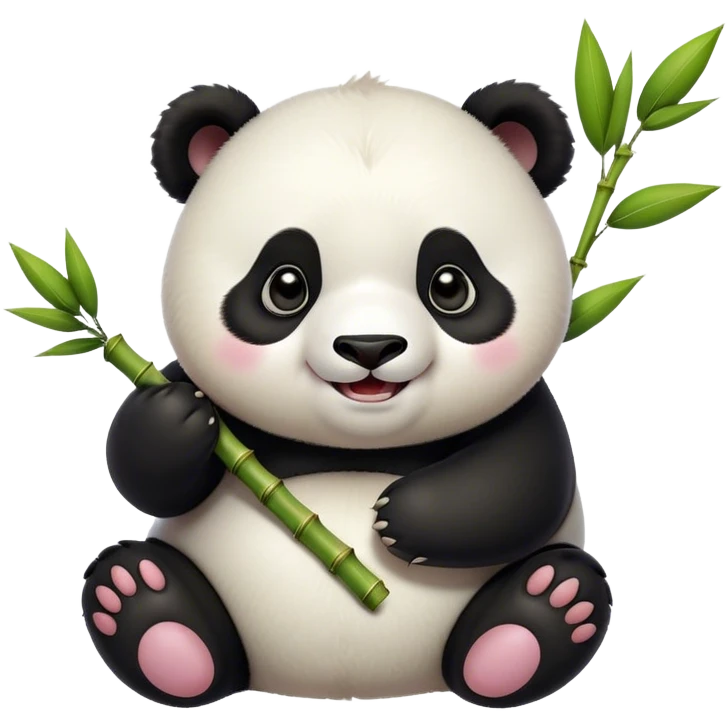 Cinematic smiling chubby panda, fluffy black and white fur, round rosy cheeks, tiny paws holding a bamboo shoot, sparkling eyes full of joy, soft glowing background, irresistibly huggable. emoji