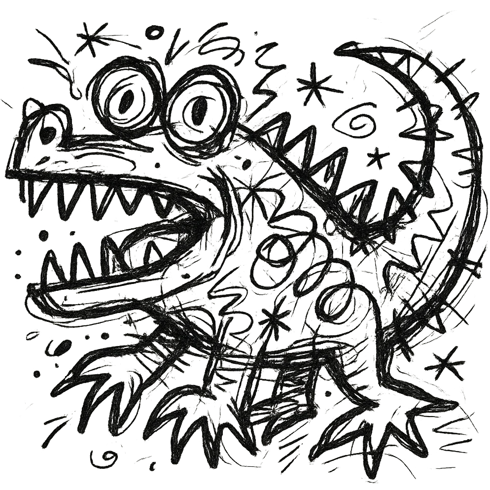 hand-drawn outlined crocodile with a quirky, chaotic design emoji