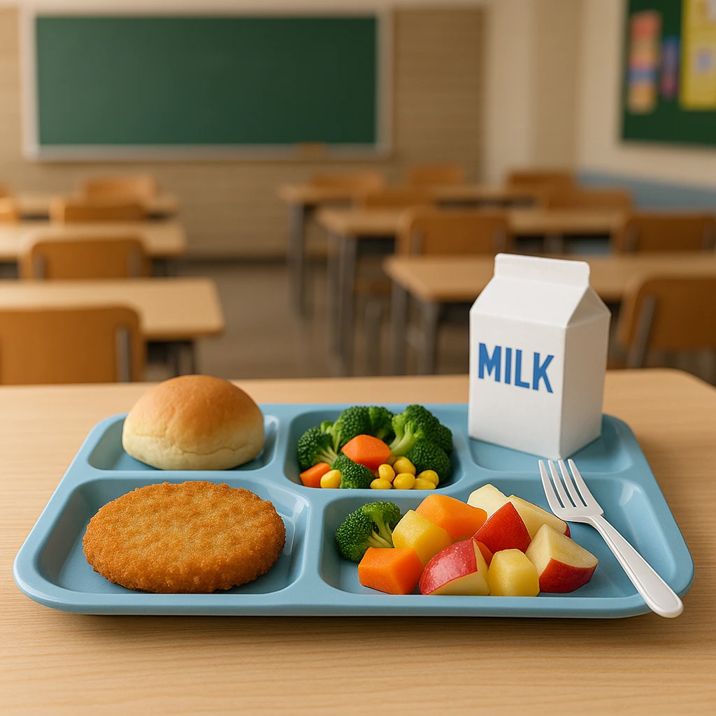 a cafeteria tray with food, school background emoji