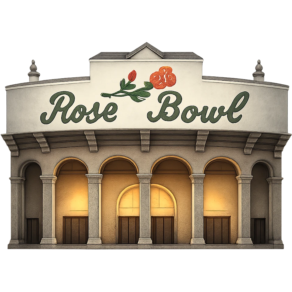 Make the coloring of the Rose Bowl Stadium emoji more realistic, removing the yellow tint, but keep everything else exactly the same as the original image: majestic, ornate architecture, lifelike detail, regal lighting, iconic sign, and accurate colors, with a transparent background. Do not change the composition or style. The style should remain consistent with the original emoji style. emoji