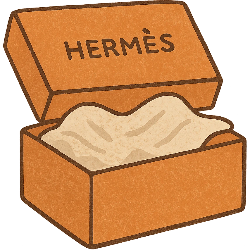 an orange Hermès box, slightly open with tissue paper inside, luxury feel, minimal style, on transparent background emoji
