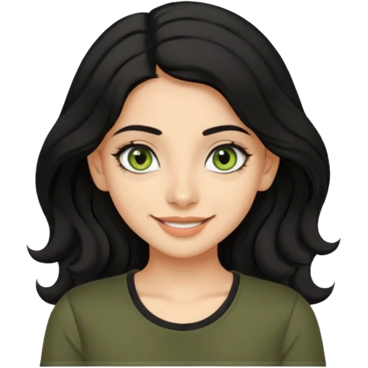 a pretty FAIR indian bratz girl with wavy black hair, wearing a black tshirt. eyeliner on, olive green eyes.  emoji