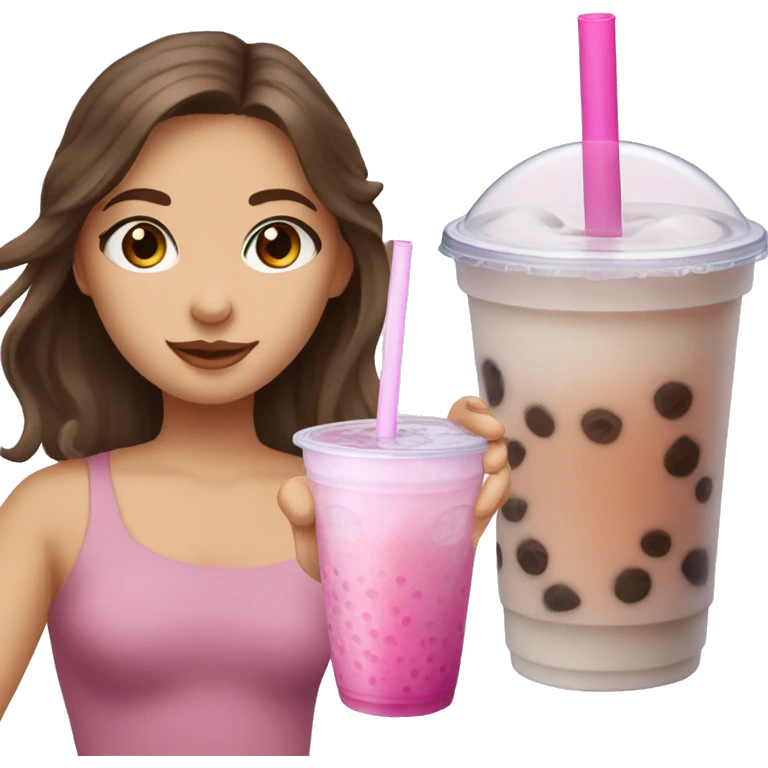 Girl with brown hair and blue eyes drinking pink bubble tea emoji