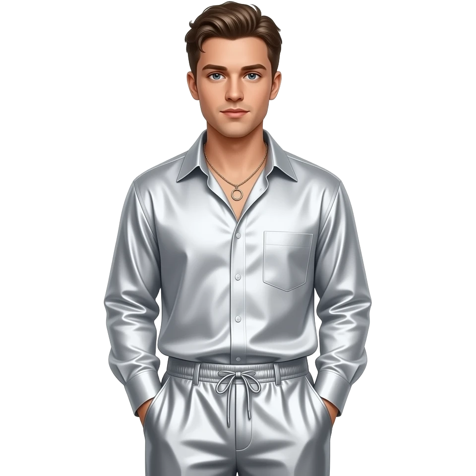 Aaron Carter with silver silk shirt, silver silk baggy pants, necklace emoji